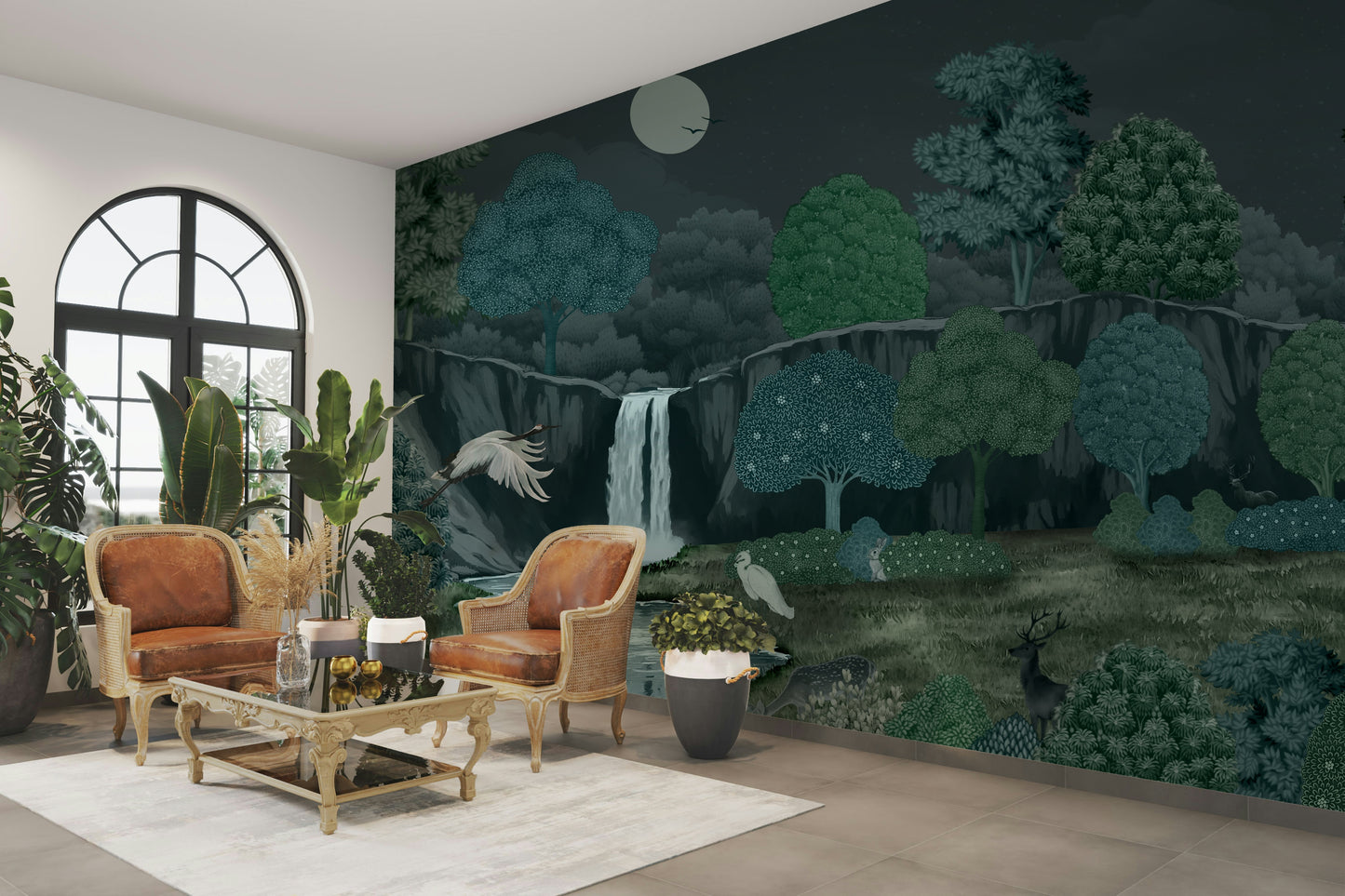 A peaceful wall mural with an ethereal, nightscape design.

