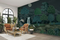 A peaceful wall mural with an ethereal, nightscape design.

