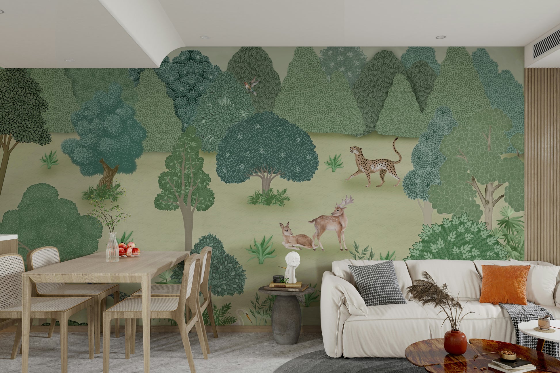 The colors are gentle and lush, with a natural, green and gray palette.

