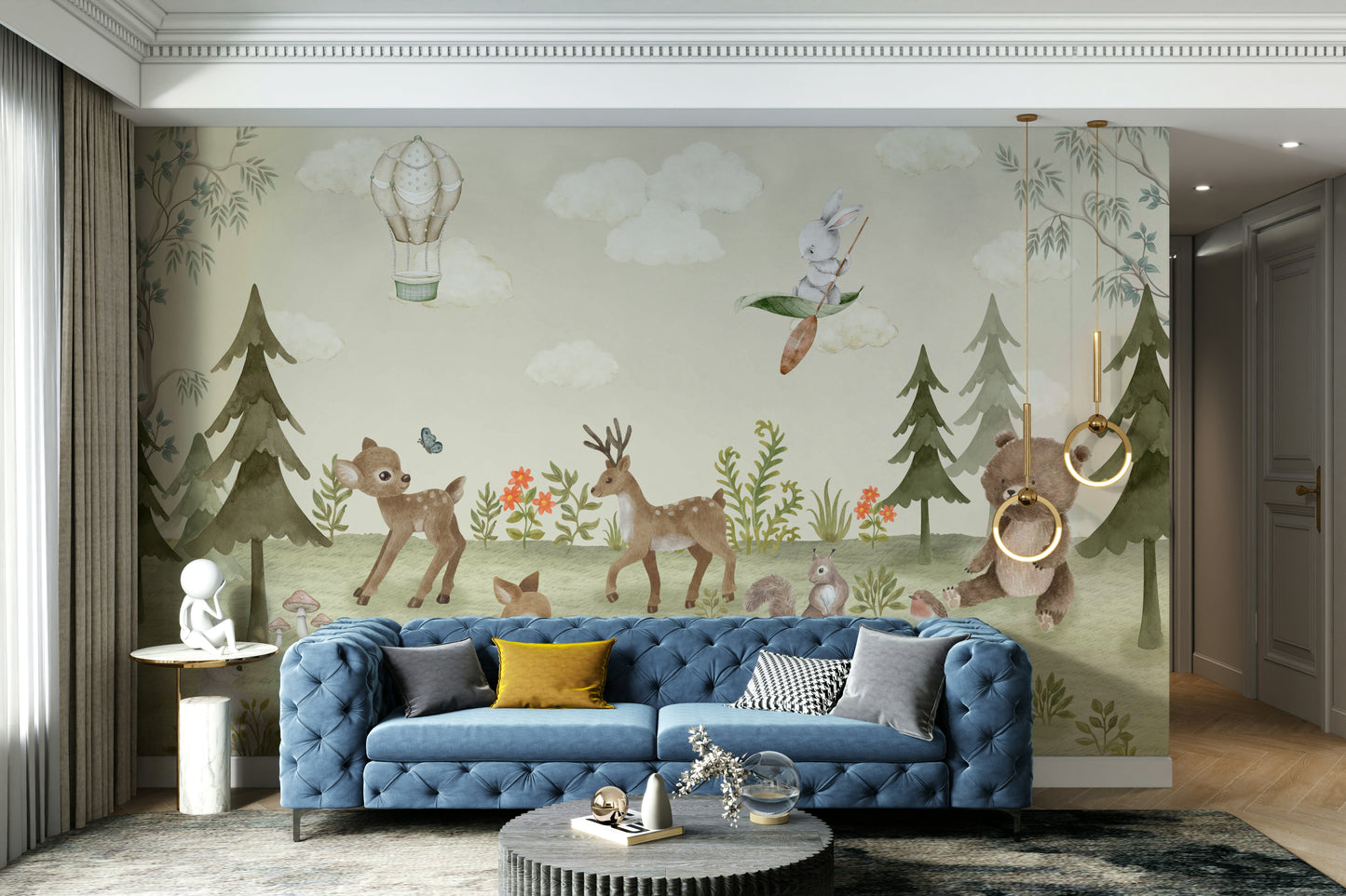 The colors are gentle and lush, with a natural, green and gray palette.

