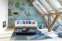 A peaceful wall mural with an organic, whimsical design.

