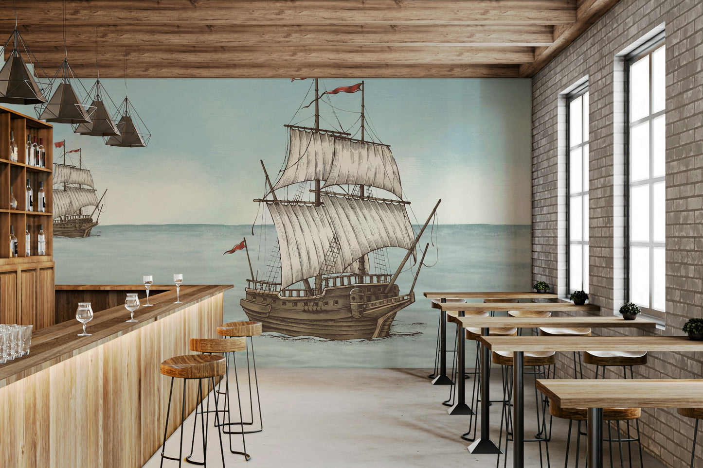 A peaceful wall mural with a natural, nautical design.

