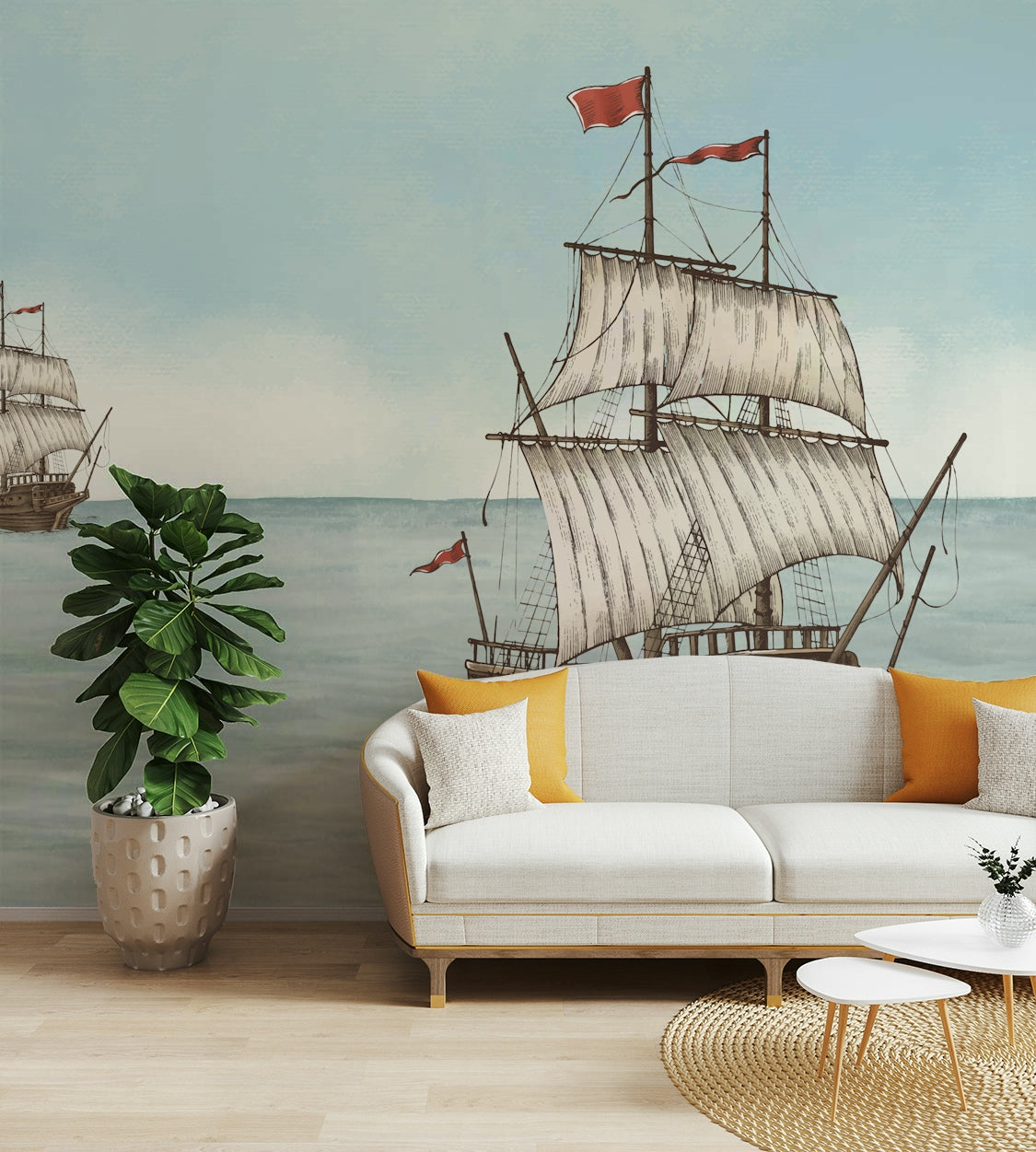 The colors are gentle and cool, with a muted blue and beige palette.

