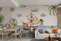 A cheerful wall mural with a whimsical, pirate-themed design.

