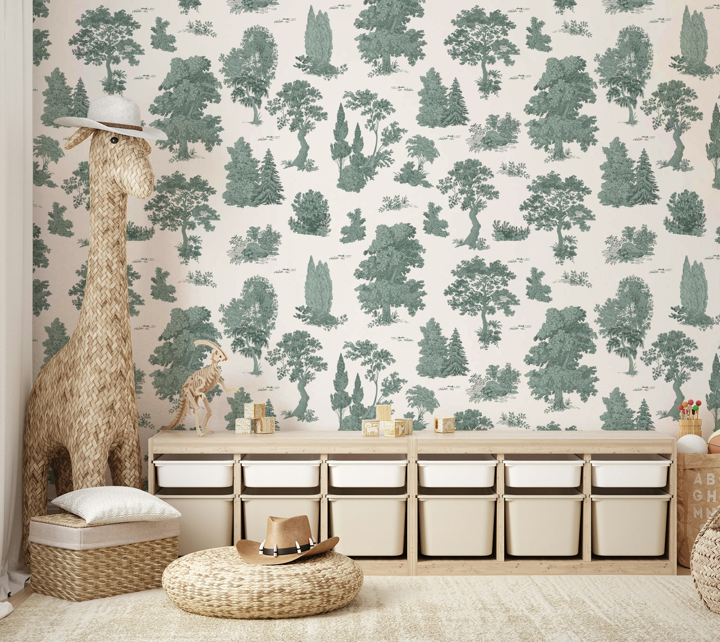 The design features a repeating pattern of soft, lush leaves and trees.

