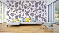 A peaceful wall mural with an organic, whimsical design.

