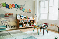 The design features a repeating pattern of soft, delicate old-fashioned airplanes and clouds.

