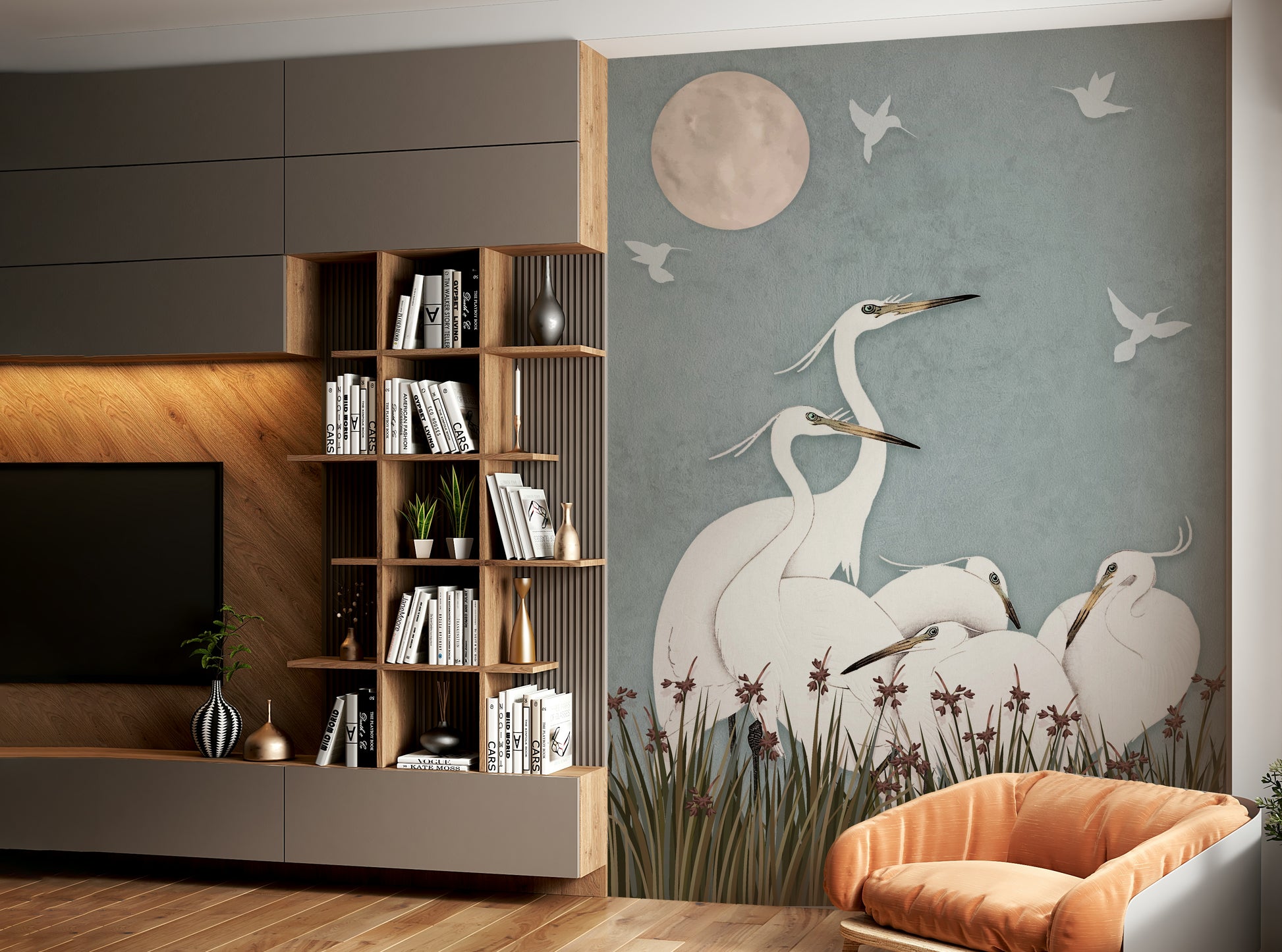 The mural is created for an entire wall, providing an immersive feel.
