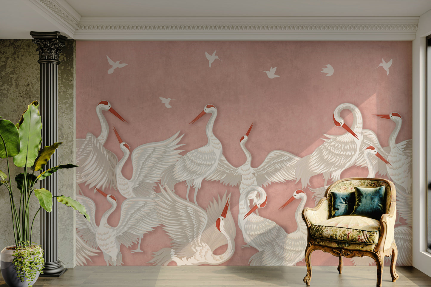 Mural wallpaper of a blush cranes take flight design

