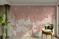 Mural wallpaper of a blush cranes take flight design

