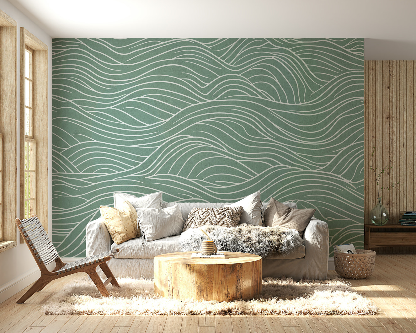 Mural wallpaper of a sage & serene waves design

