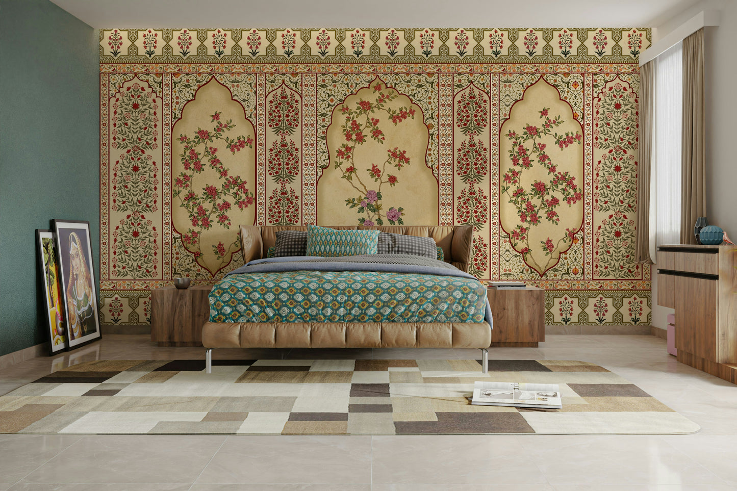 The jharokha frames a serene garden scene.

