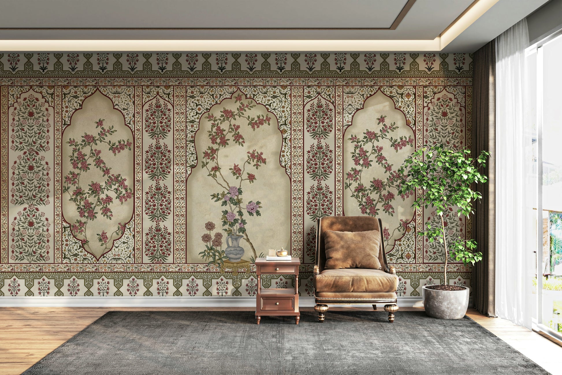The design features a repeating motif inspired by a traditional jharokha.

