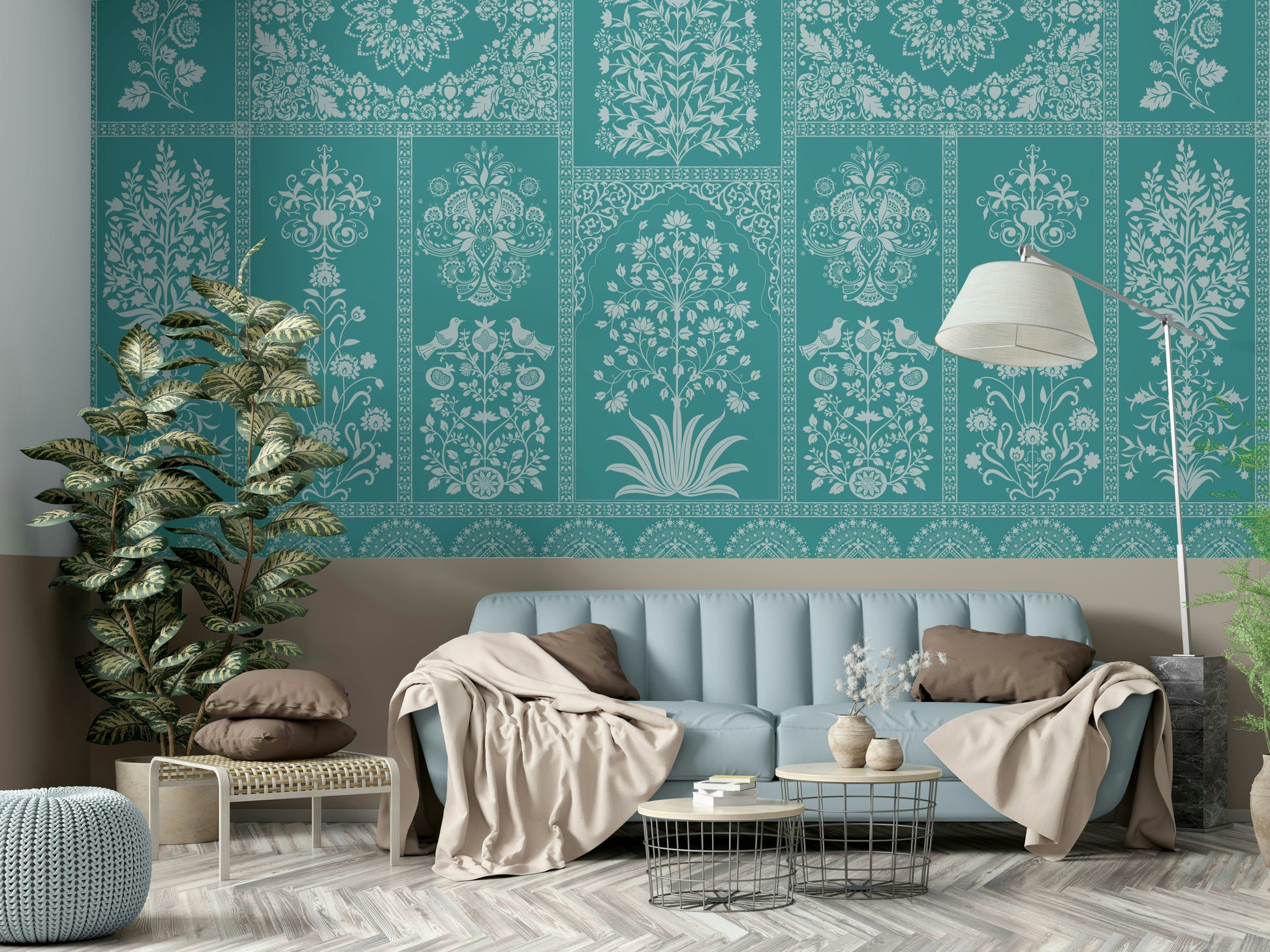 The design features a repeating pattern of soft, graceful trees and foliage.

