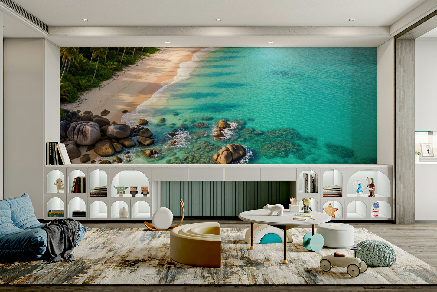 Serene beach scene with friendly shapes

