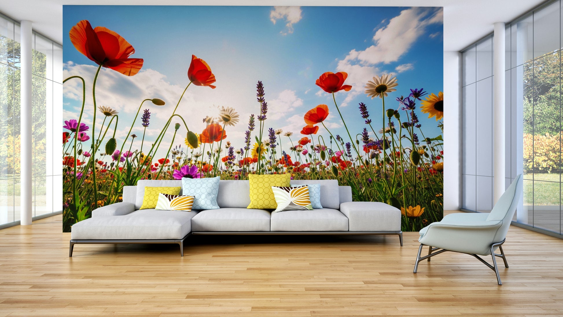 Wall mural with whimsical shapes and colors

