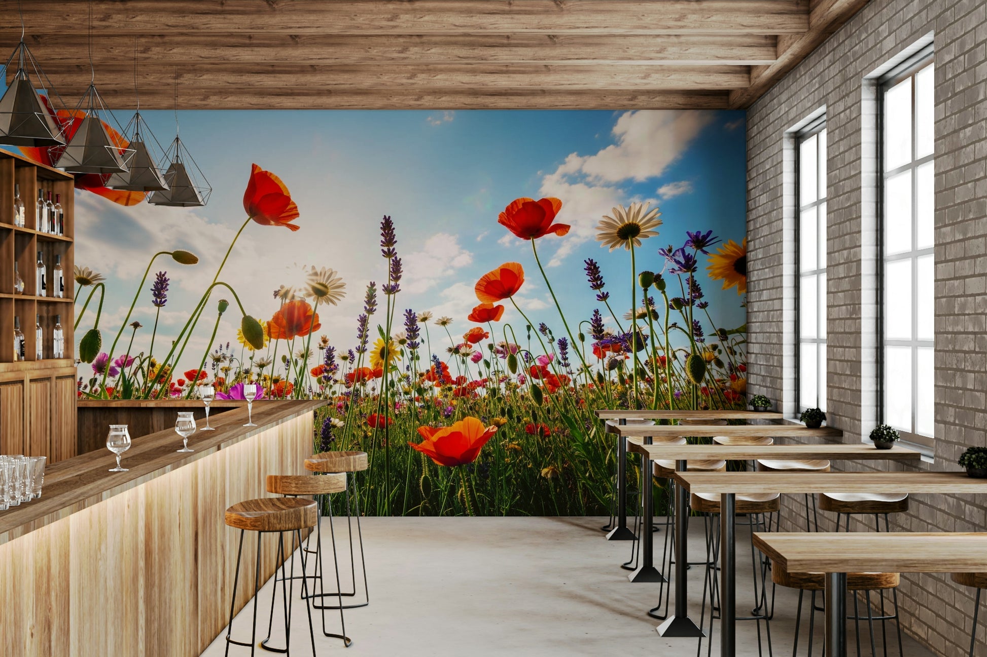 Scenic wallpaper with cartoon shapes and colors

