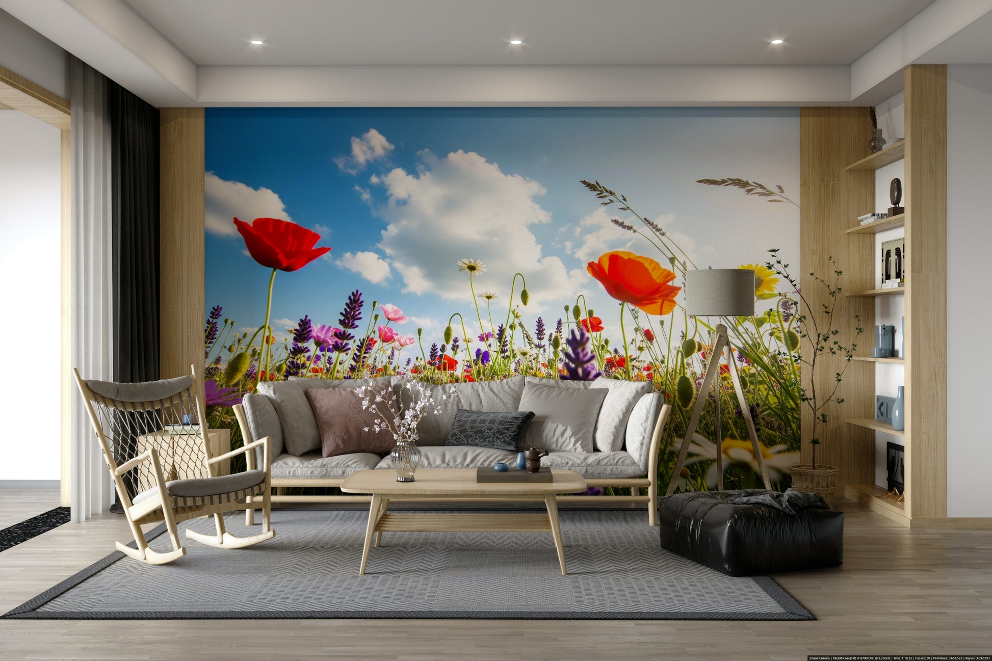 Scenic wallpaper with cartoon shapes and colors

