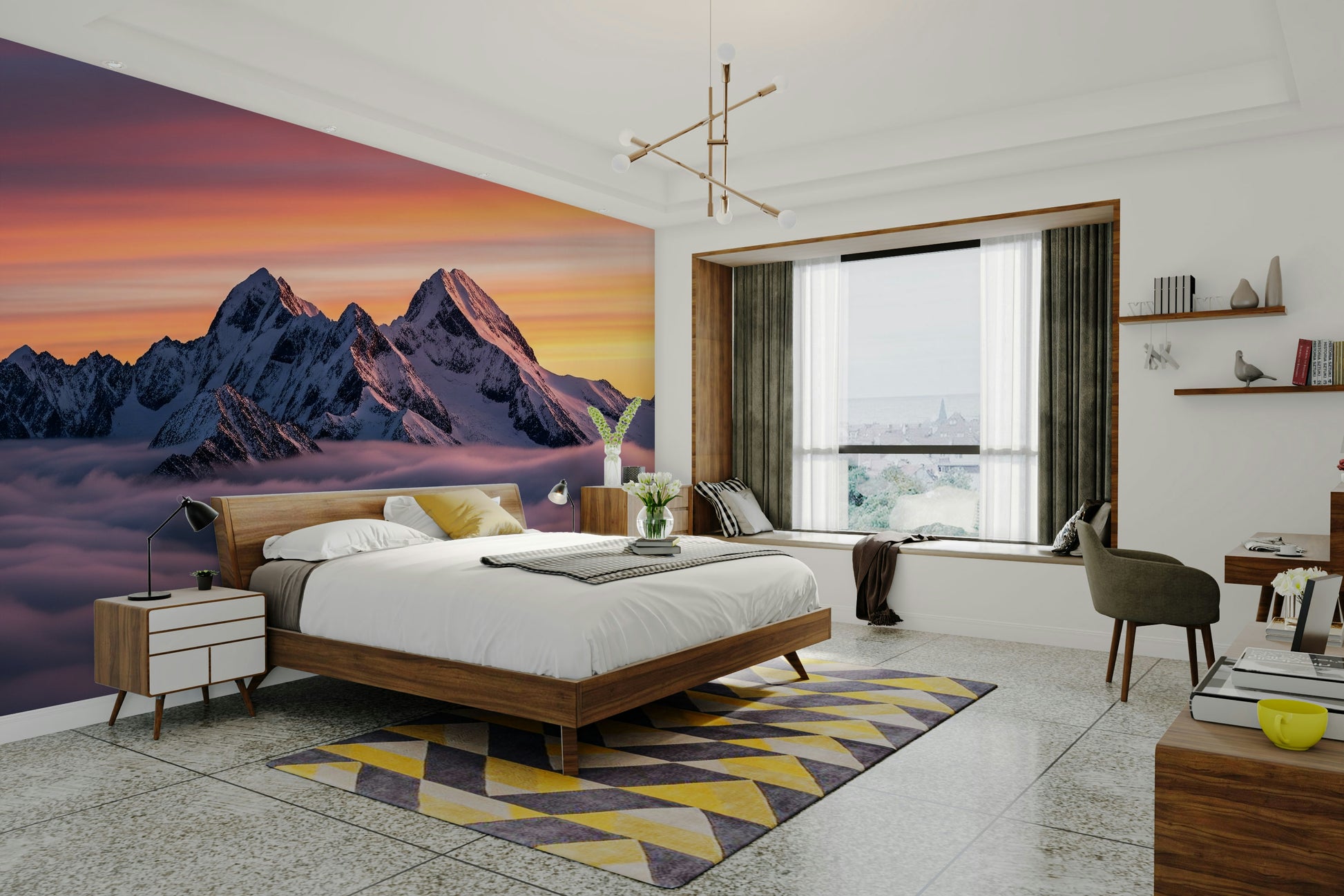 Scenic wallpaper with cartoon shapes and colors

