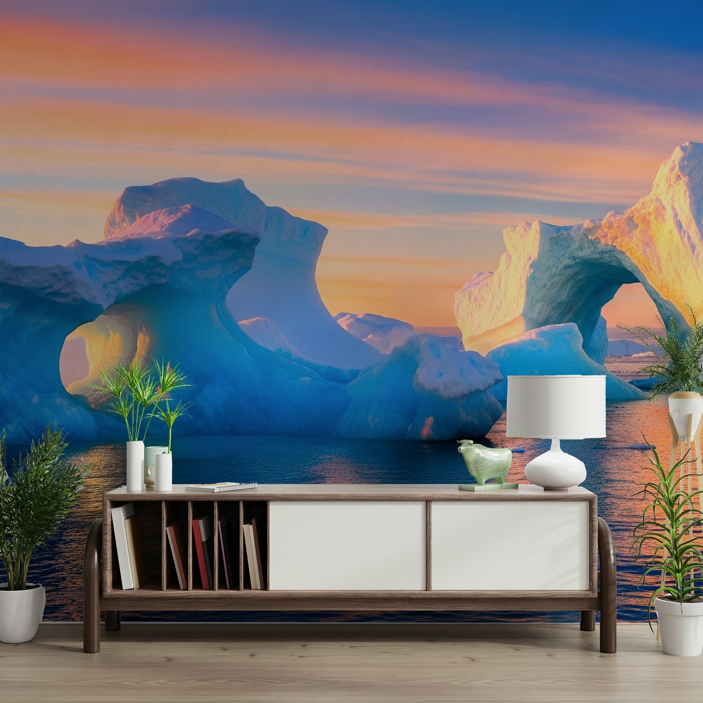 Scenic wallpaper with cartoon shapes and colors

