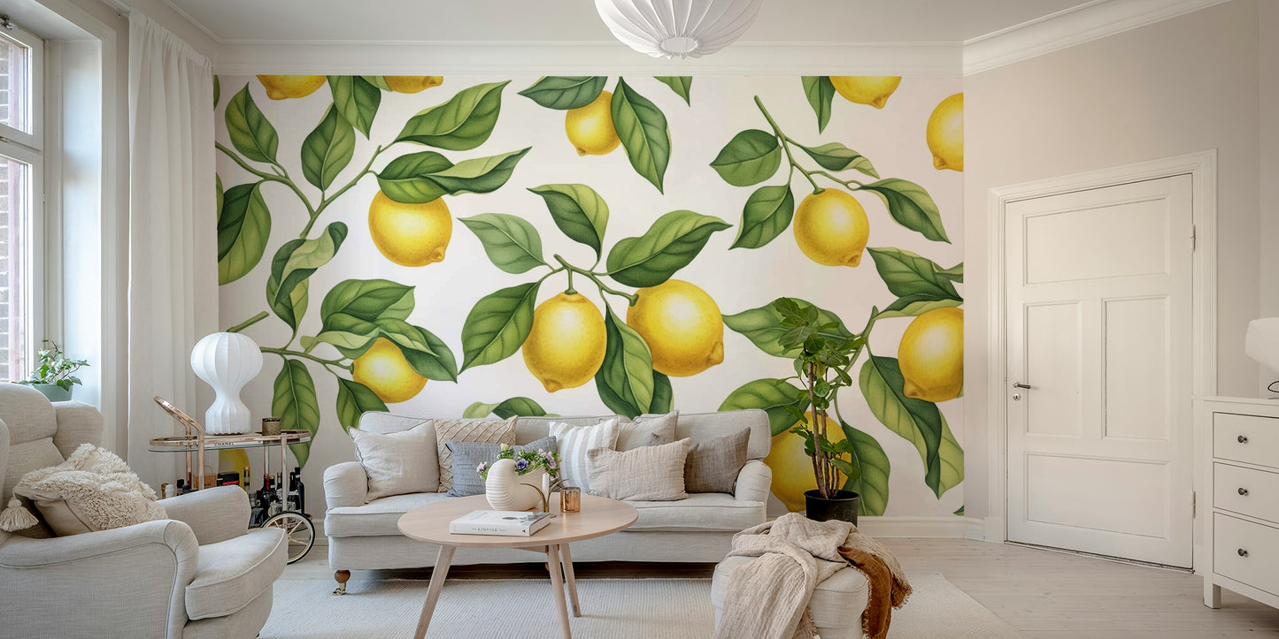 Close-up of a bright lemon and leaf pattern

