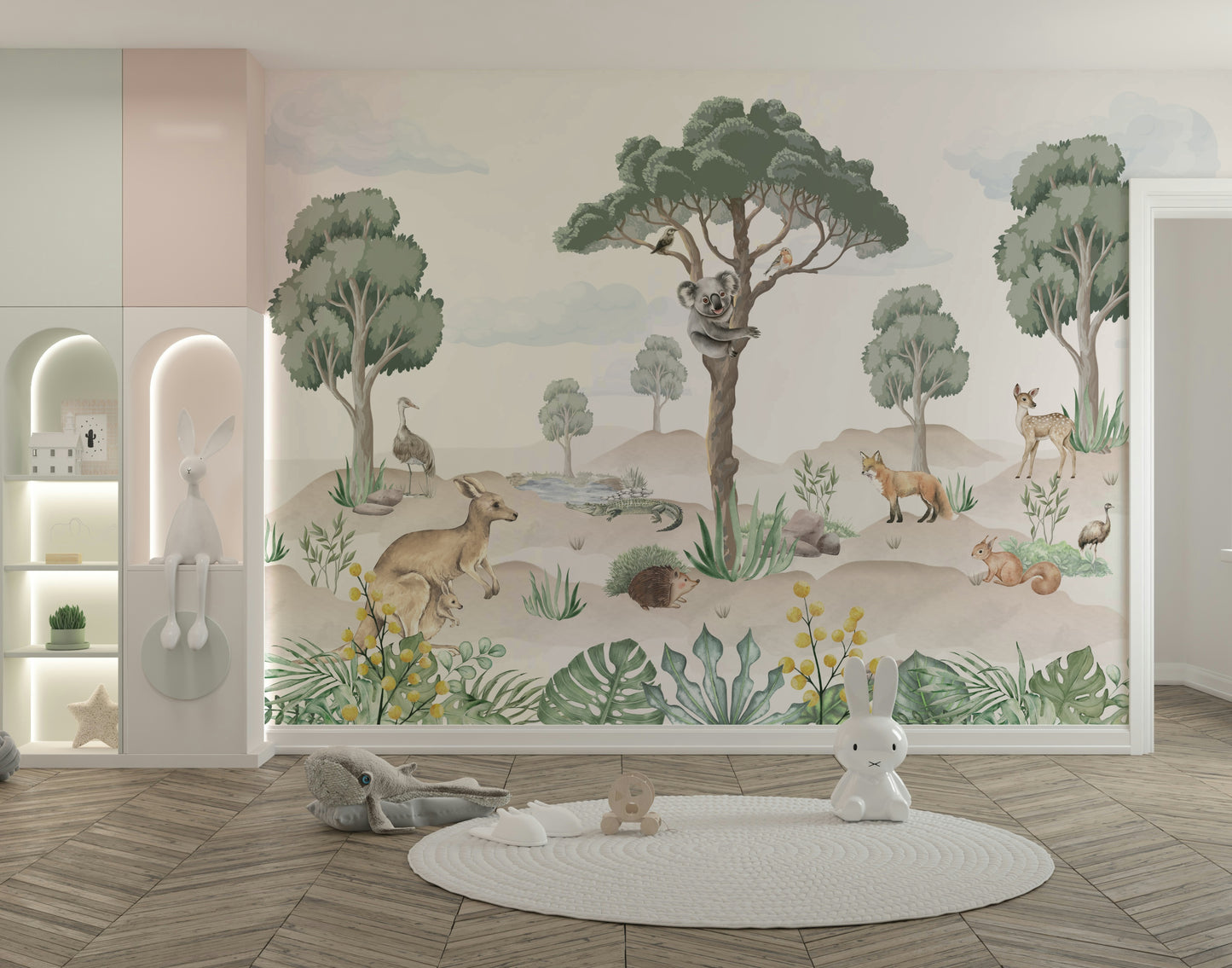 An interior with a peaceful and playful accent wall

