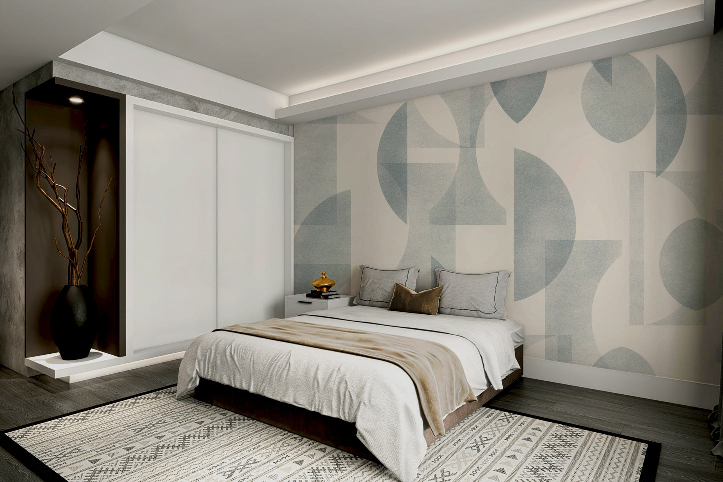 A contemporary office with a unique geometric art mural

