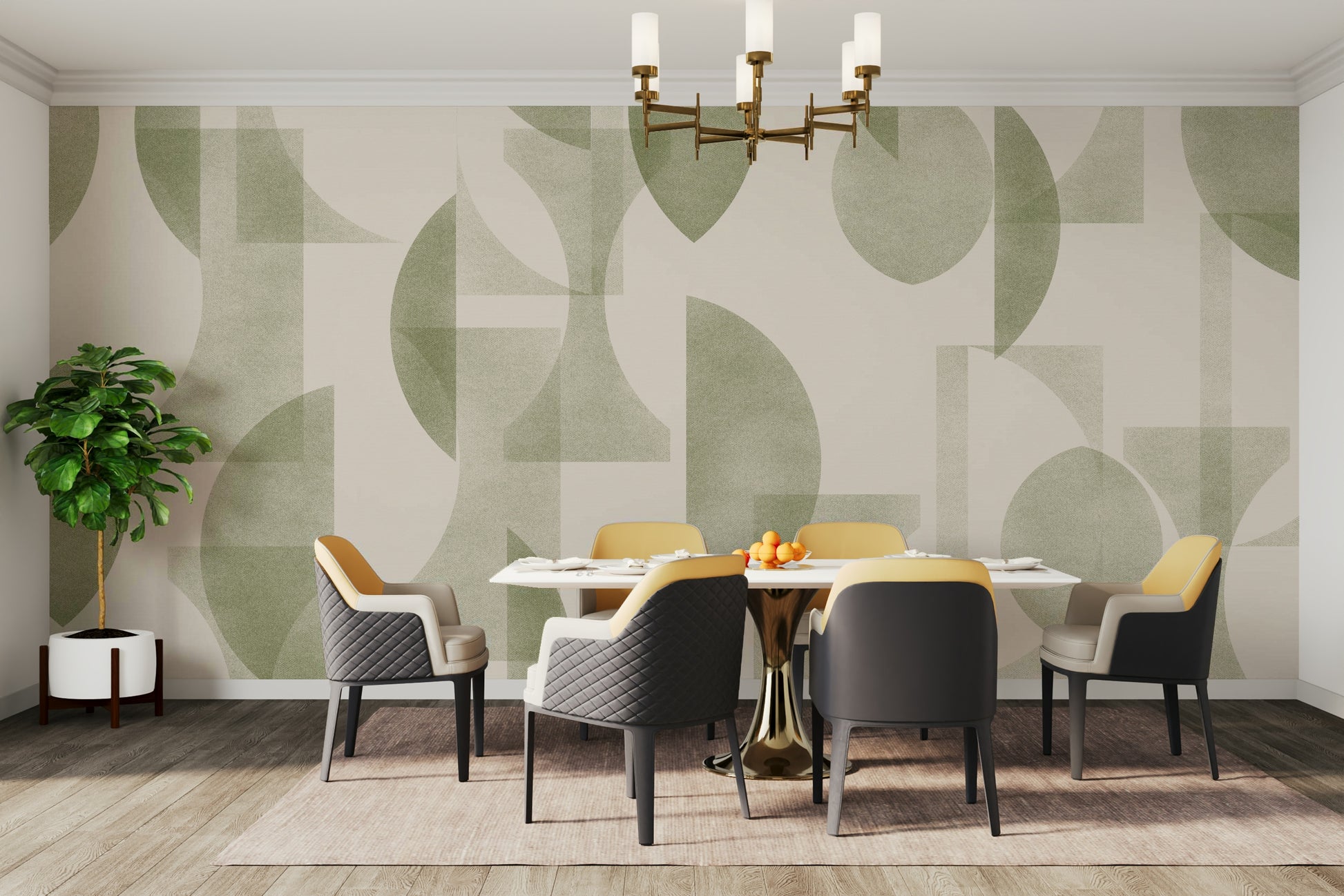 Wallpaper with modern shapes and olive tree theme

