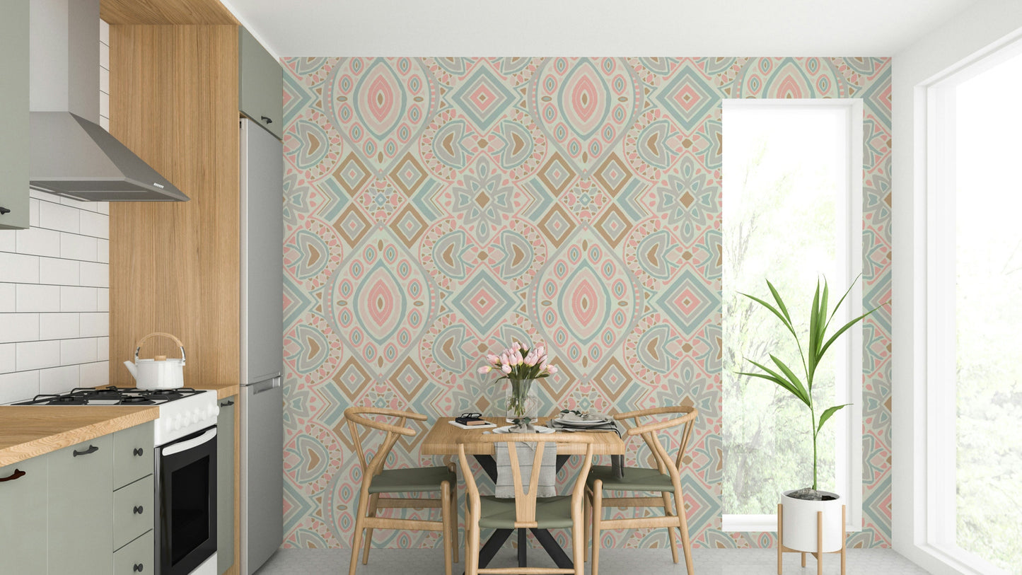 A full-wall mural showing a geometric Aztec-inspired pattern.
