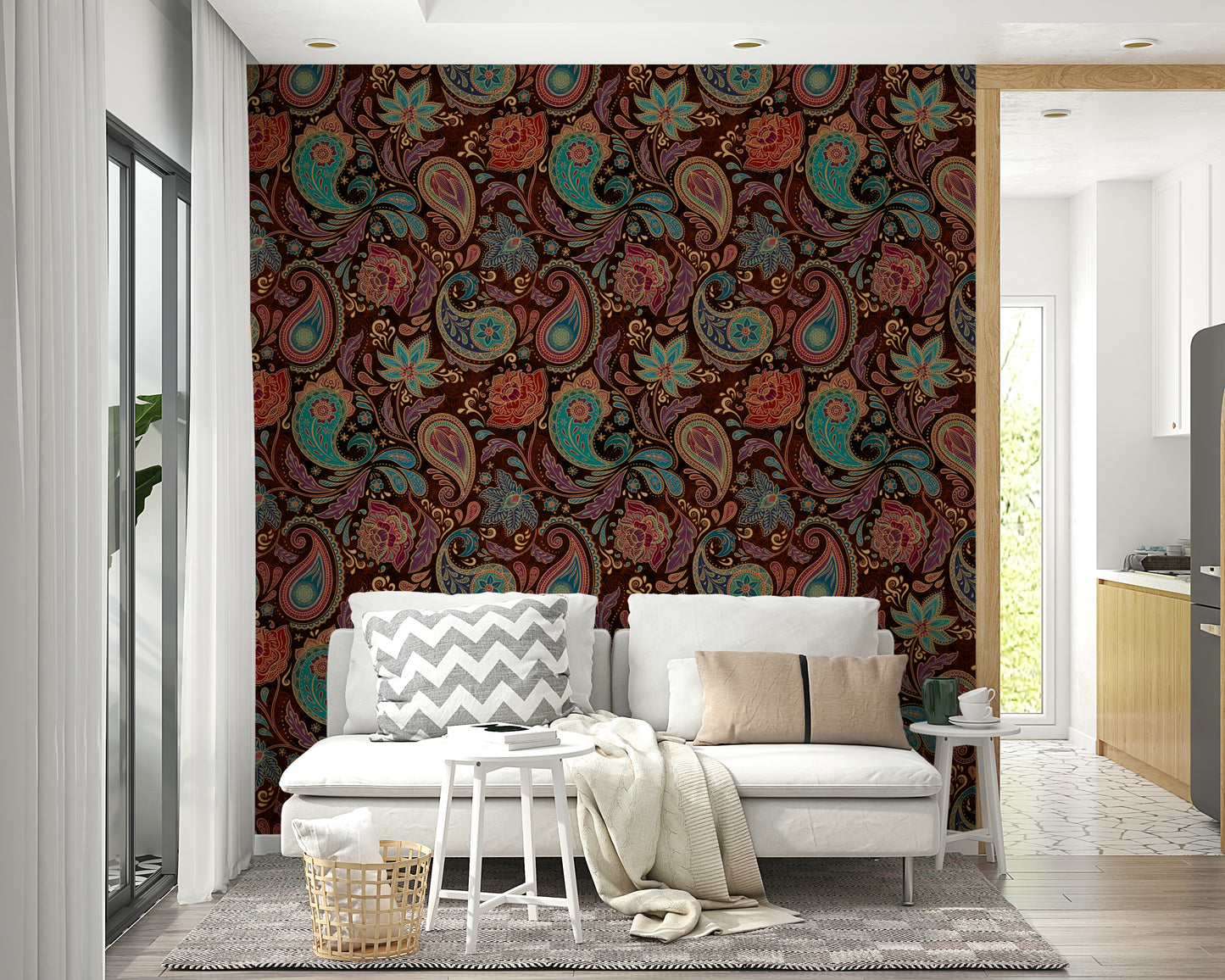A full-wall mural showing an intricate paisley pattern.
