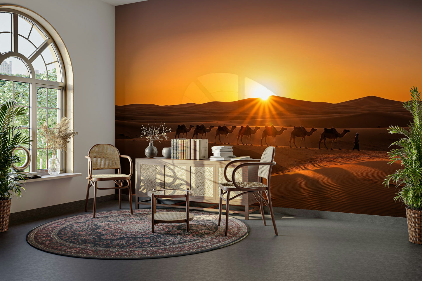 Mural wallpaper of a desert caravan at dawn

