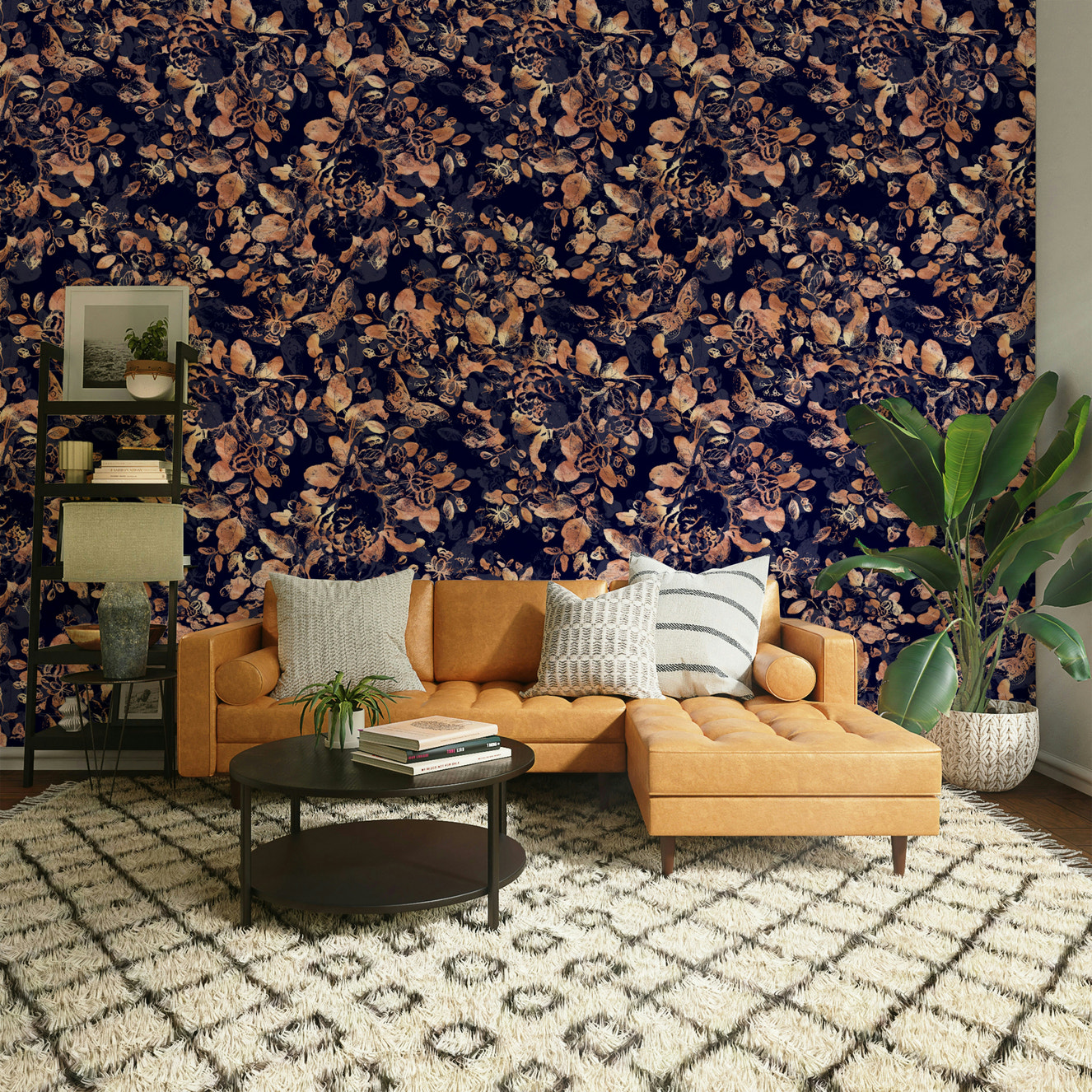 The image features detailed leaves, flowers, and vines.
