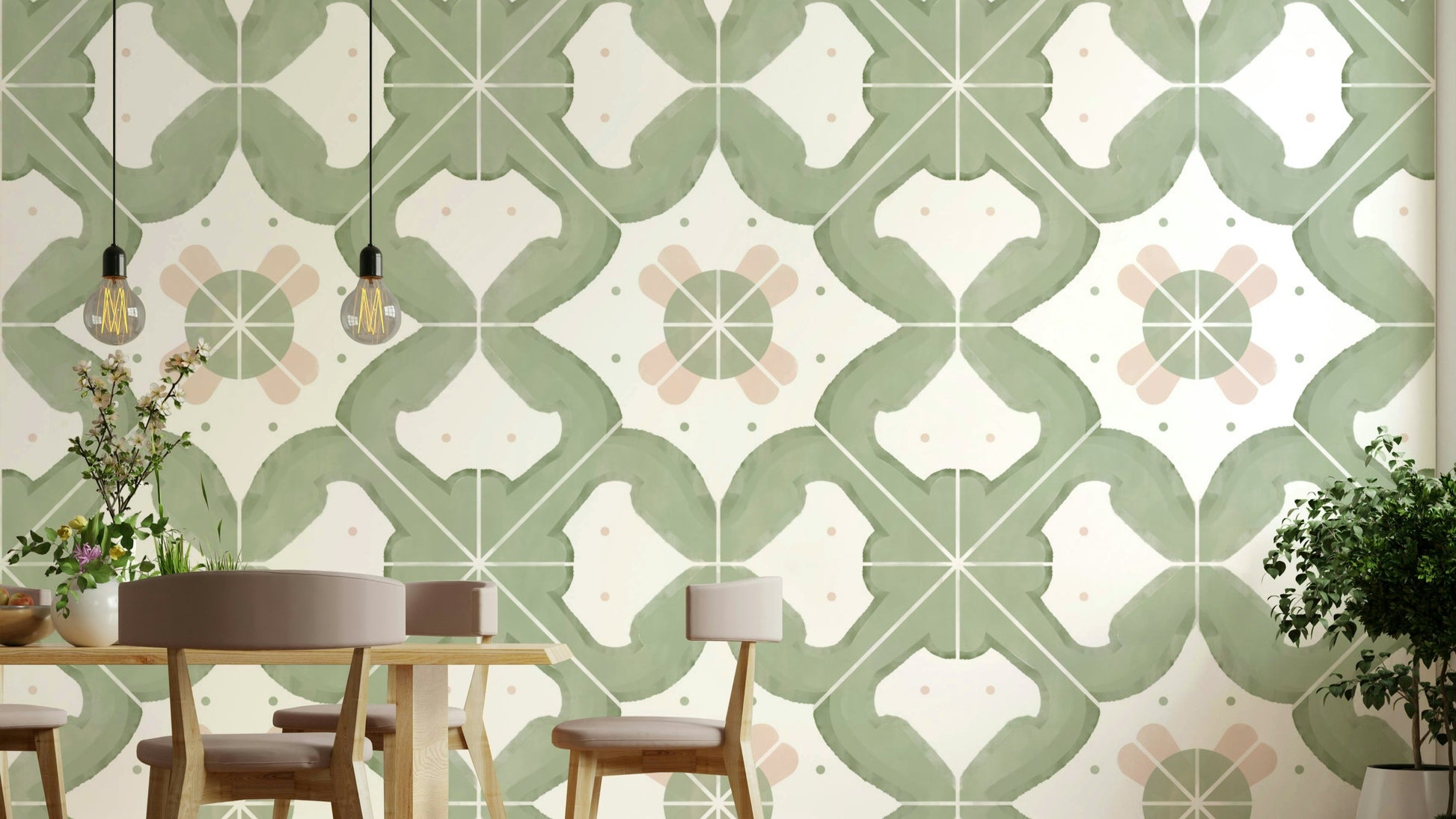 Tile-style wallpaper in a sage color palette

