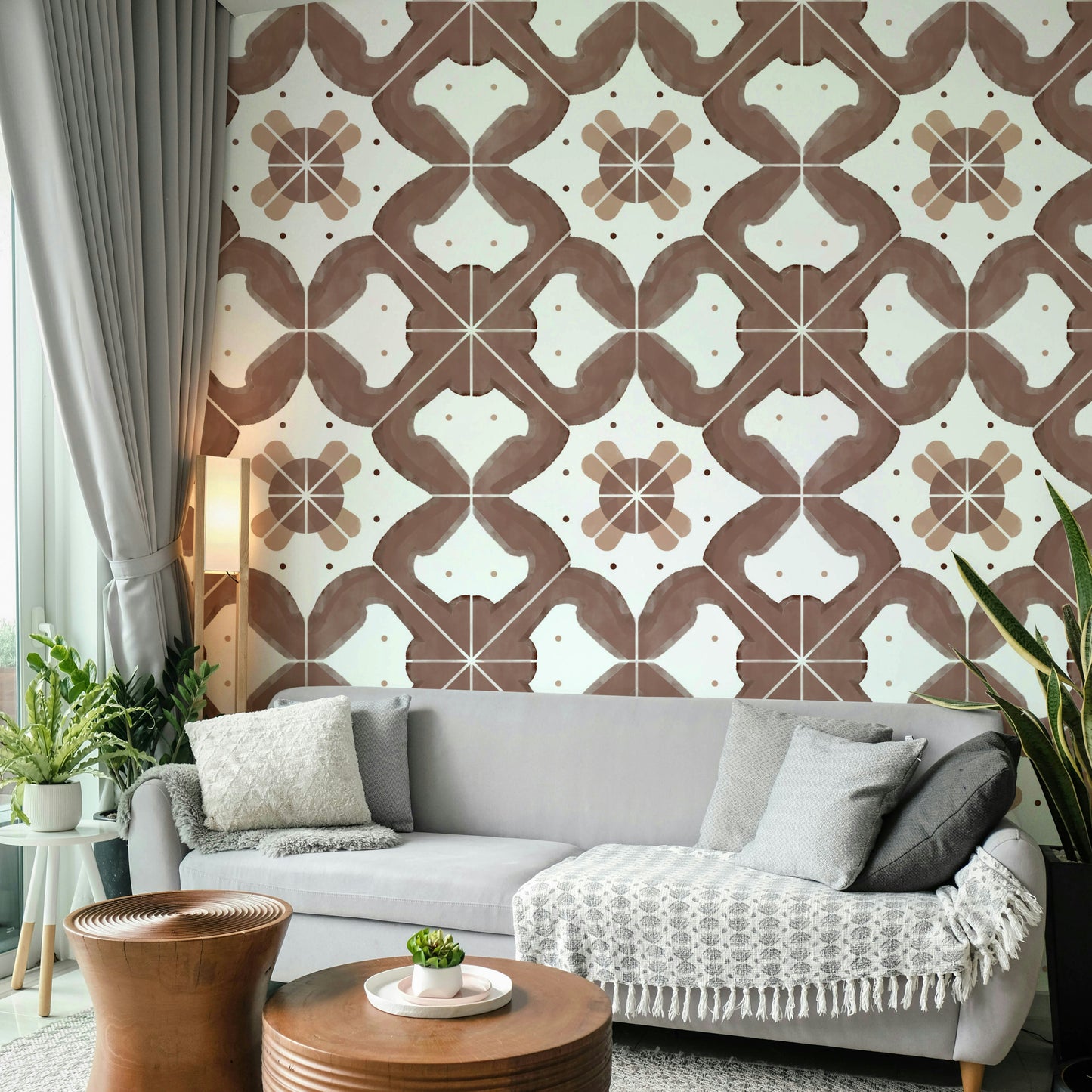 Detailed terracotta tile print on wallpaper

