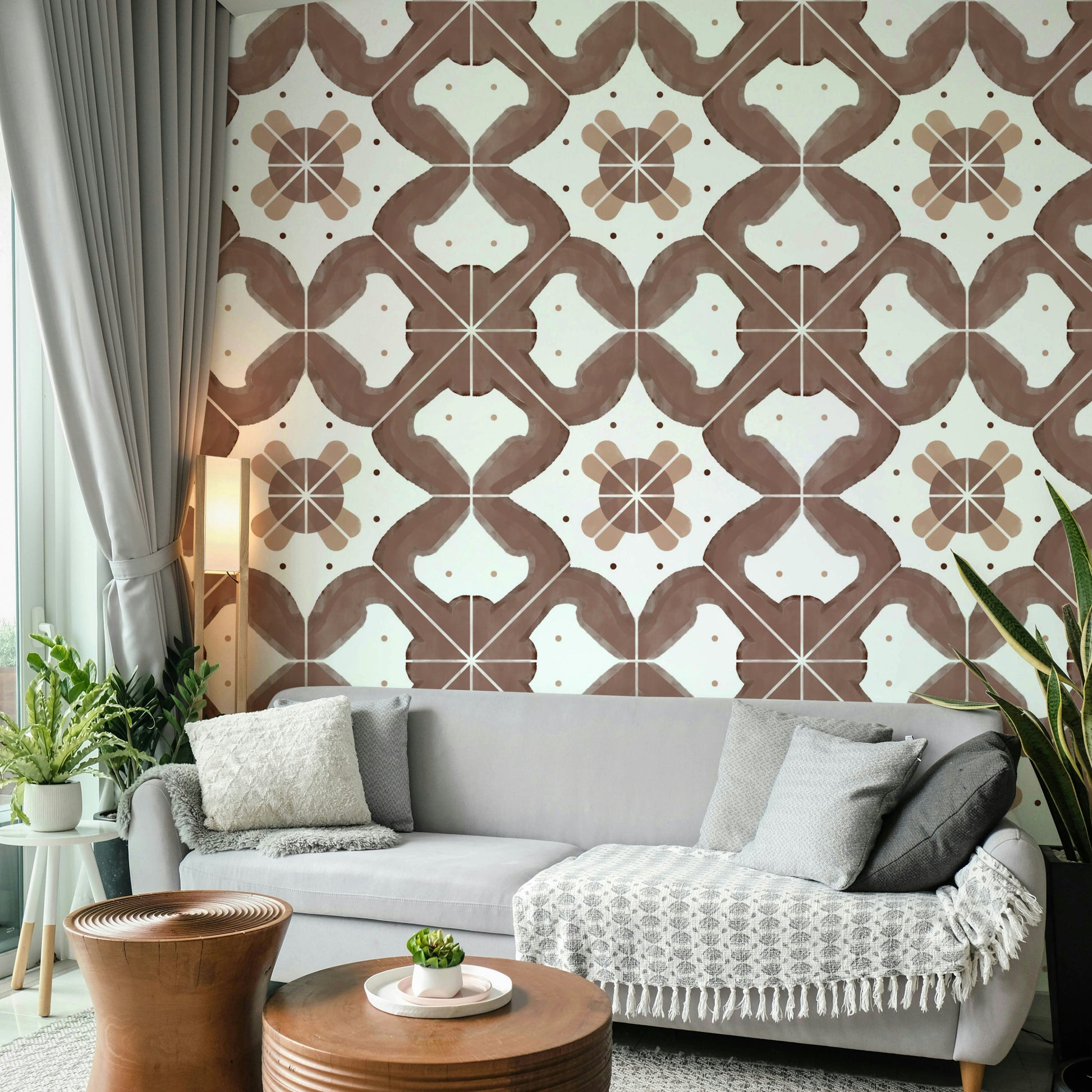 Detailed terracotta tile print on wallpaper

