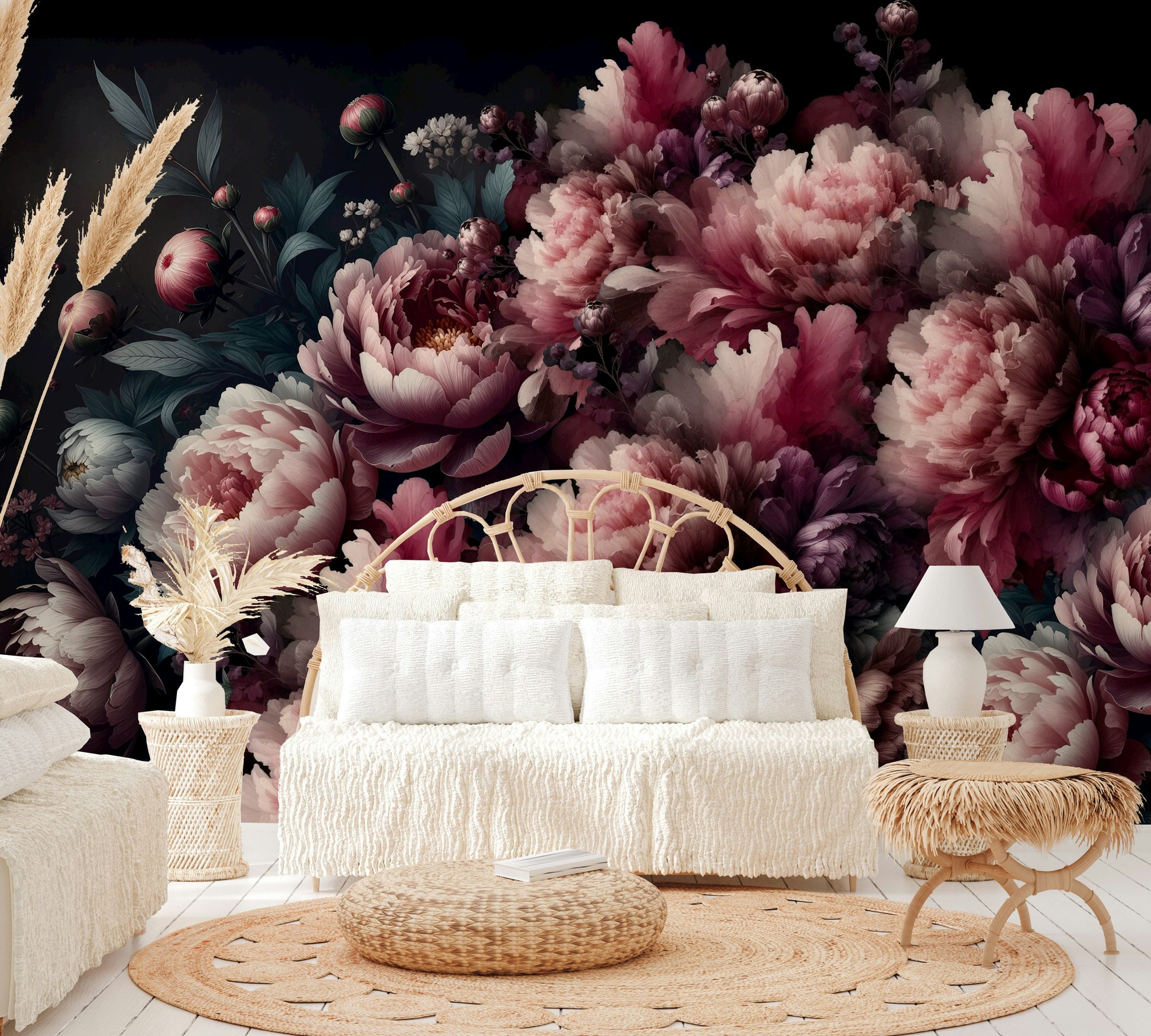 Mural wallpaper of a vintage peonies design

