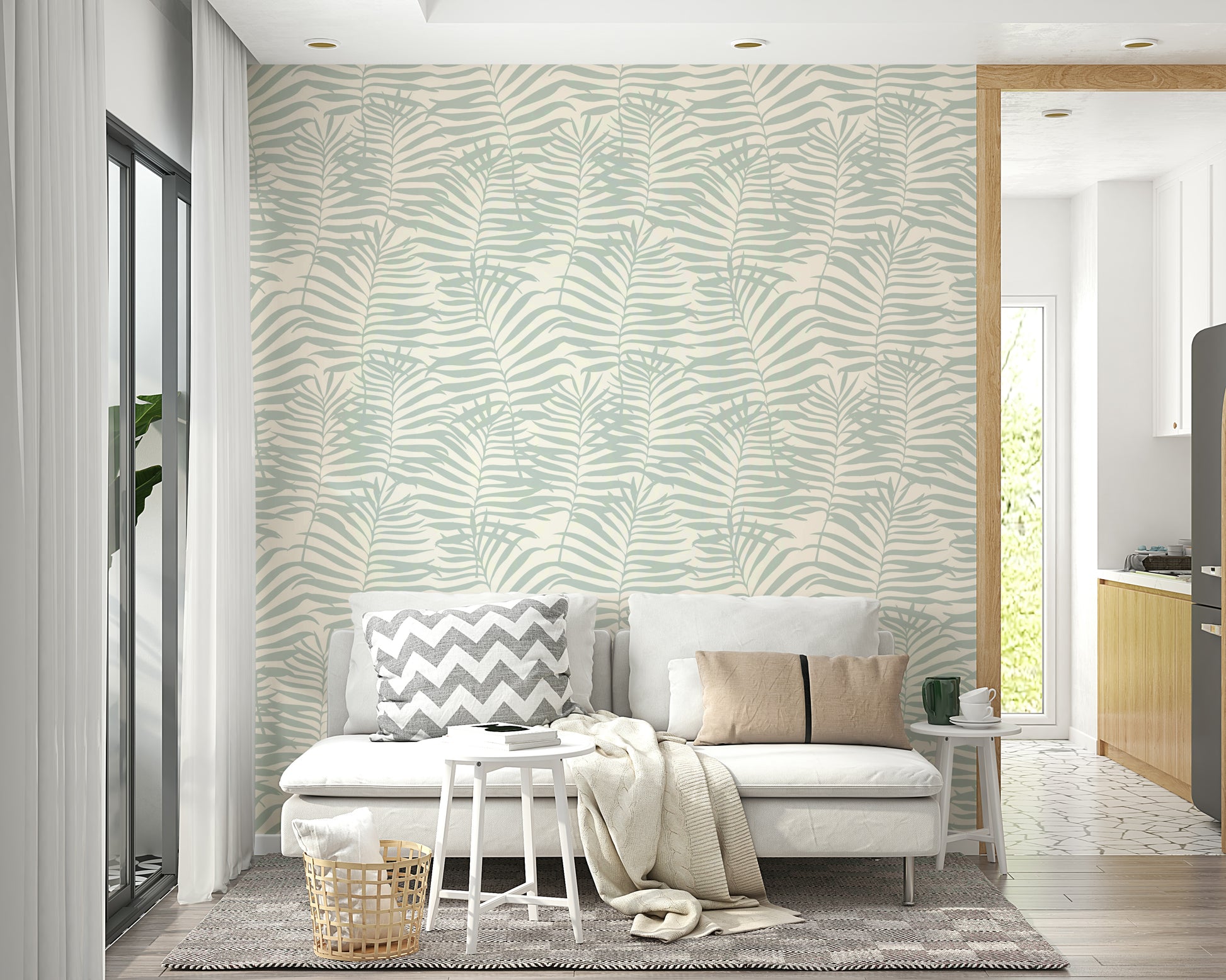 The Palm Leaf Shapes Wallpaper on a modern feature wall.
