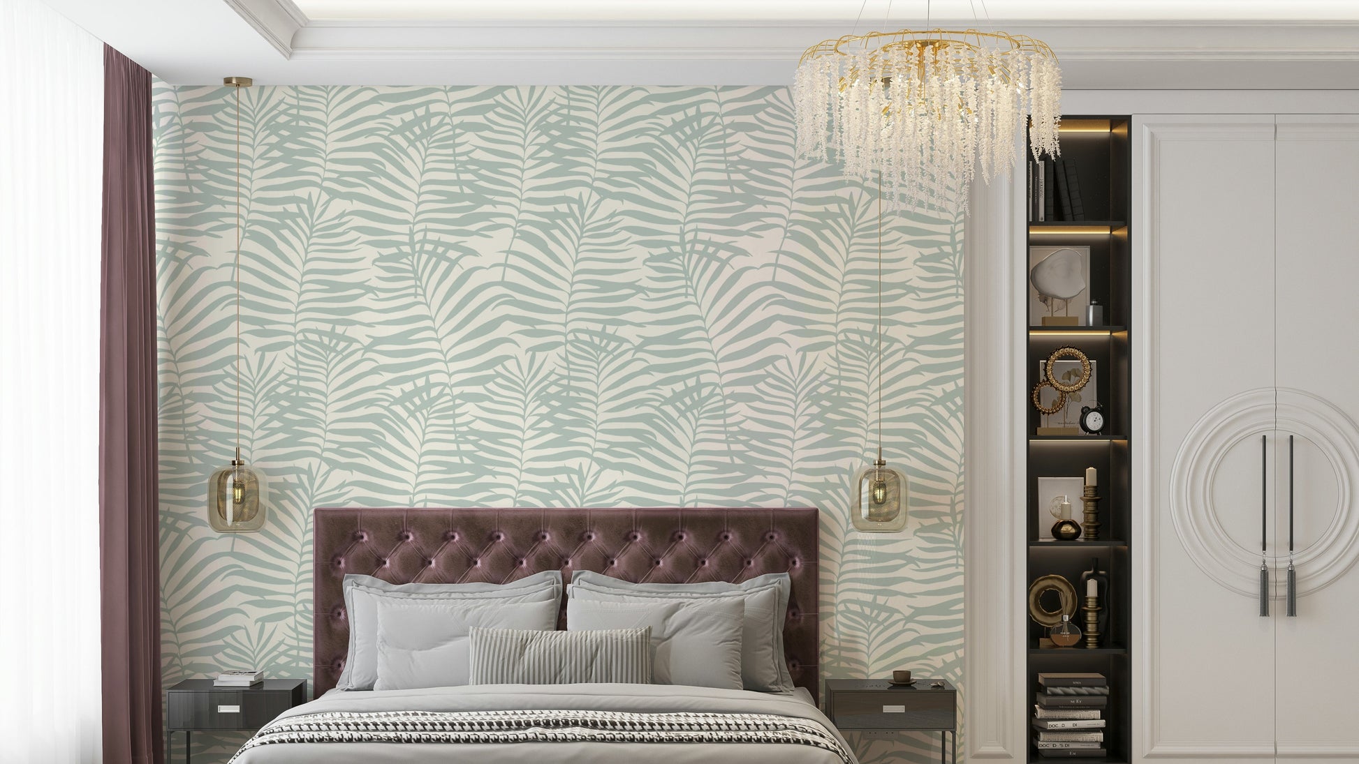 The color of the palm leaf shapes is a deep forest green.
