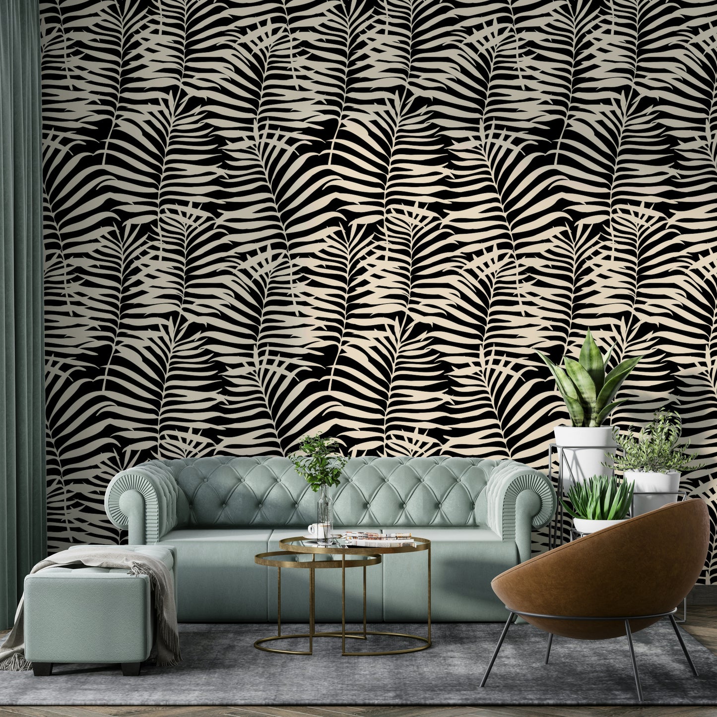 The wallpaper is shown in a stylish living room setting.
