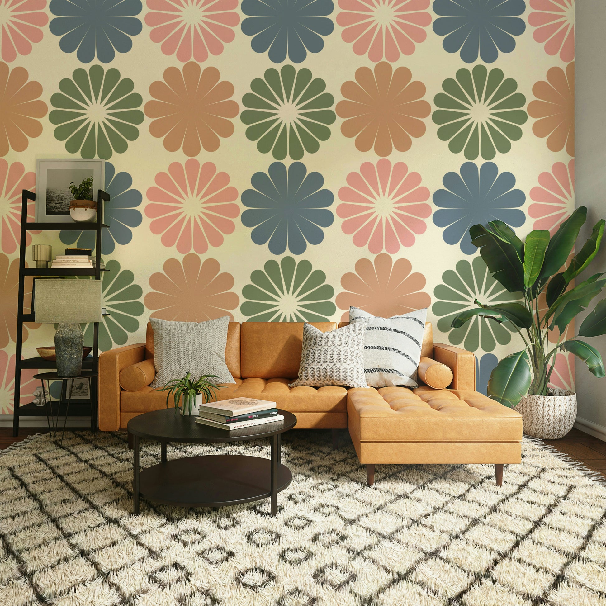 A full-wall mural showing a pattern of stylized flowers.
