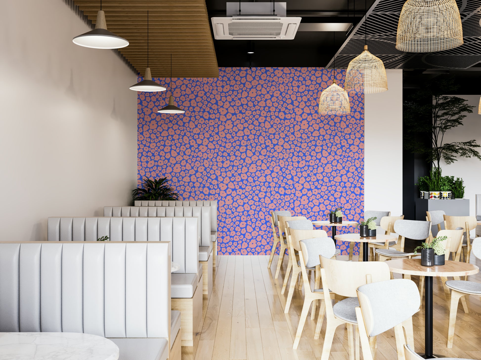 A full-wall mural showing a pattern of soft flowers.
