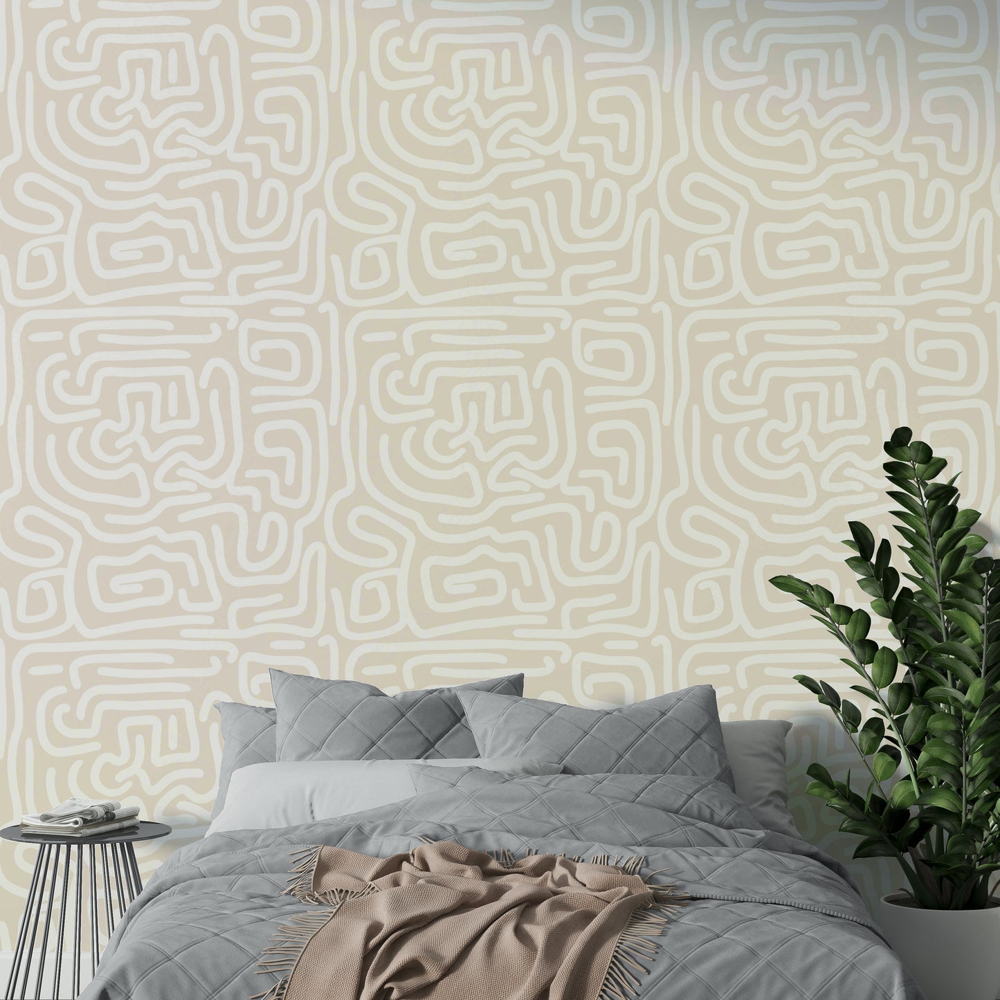A full-wall mural showing a subtle maze pattern.
