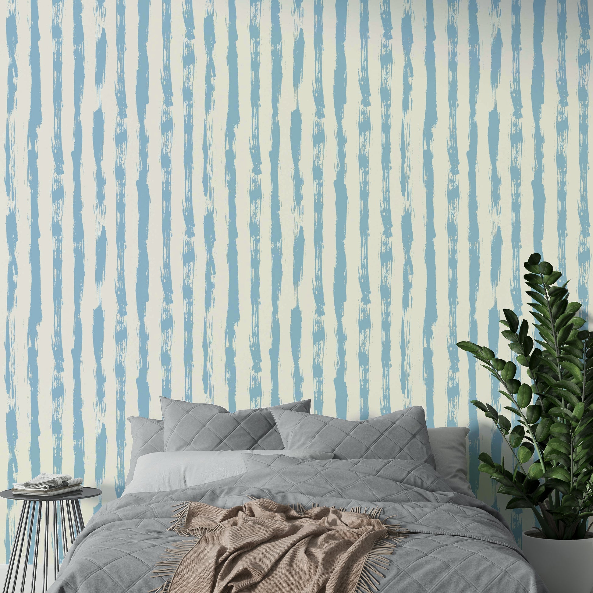 The image features abstract, slightly imperfect stripes that run vertically across the wall.
