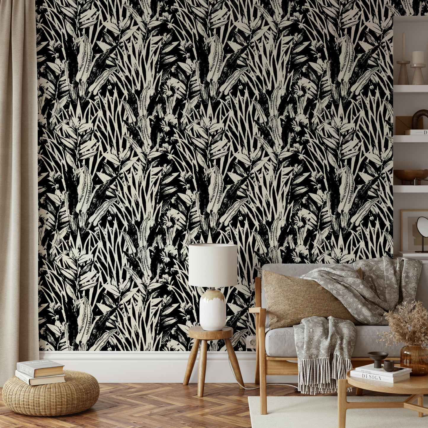 The image features stylized or abstract leaf shapes.
