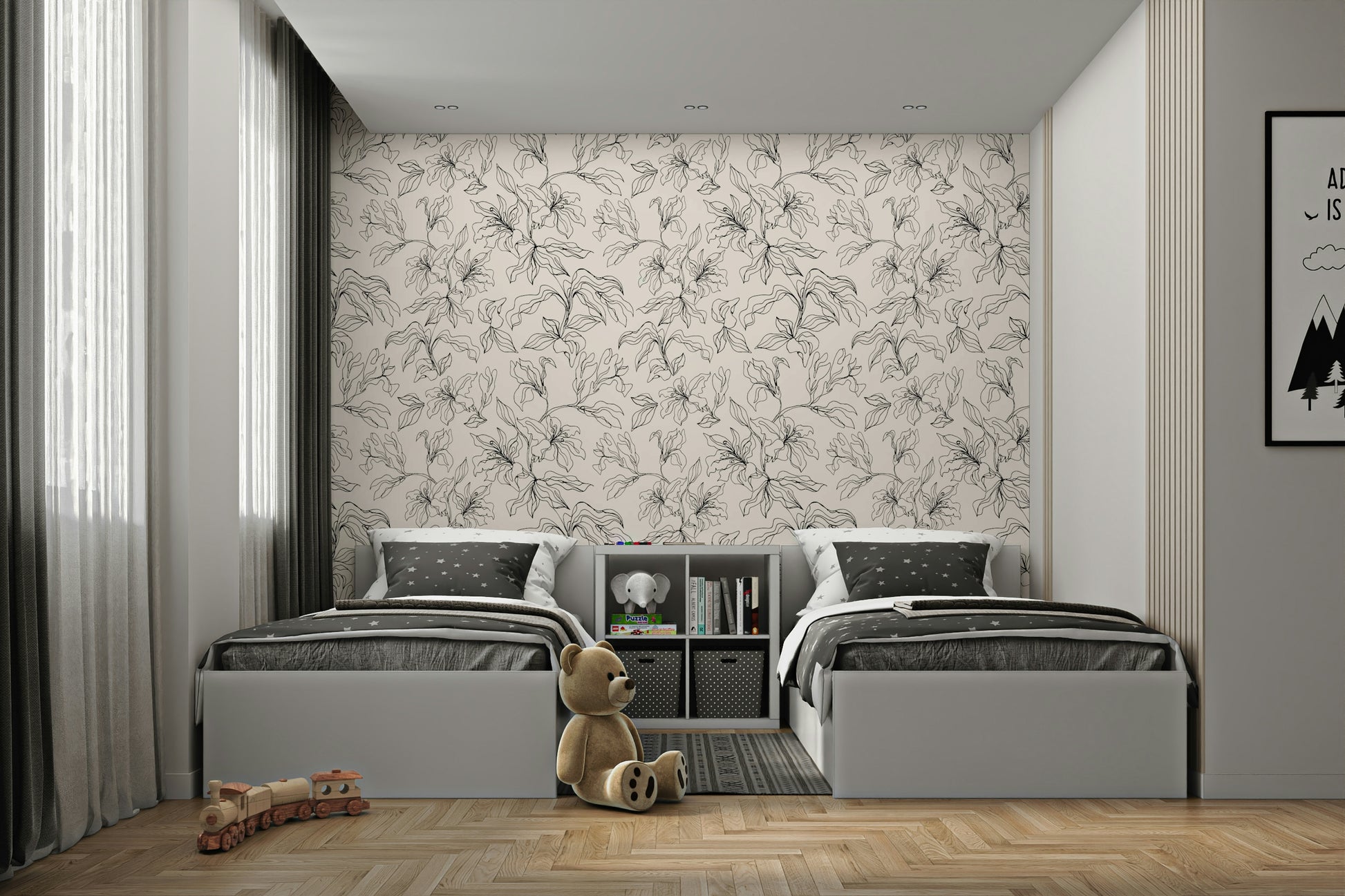 This wallpaper is suitable for a living room, a bedroom, or a contemporary office.
