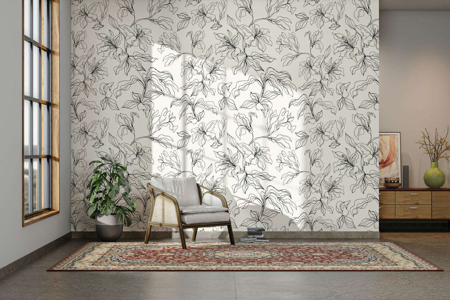 A full-wall mural showing a pattern of outlined lilies.
