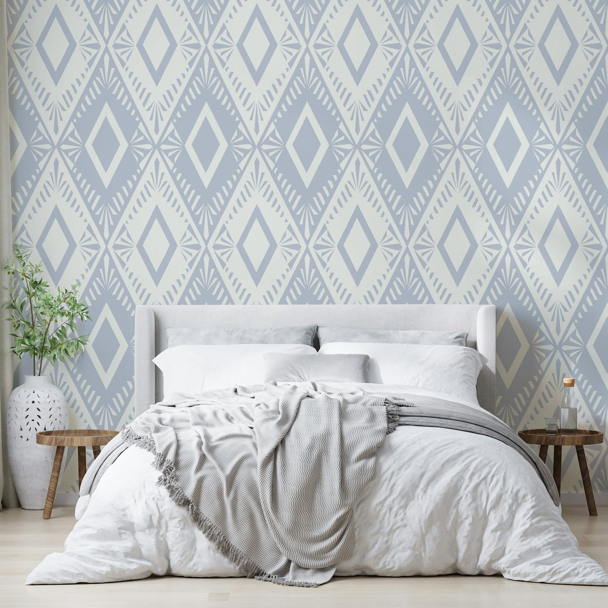 A full-wall mural of a modern, geometric pattern.
