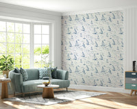 A modern living room with nautical wallpaper

