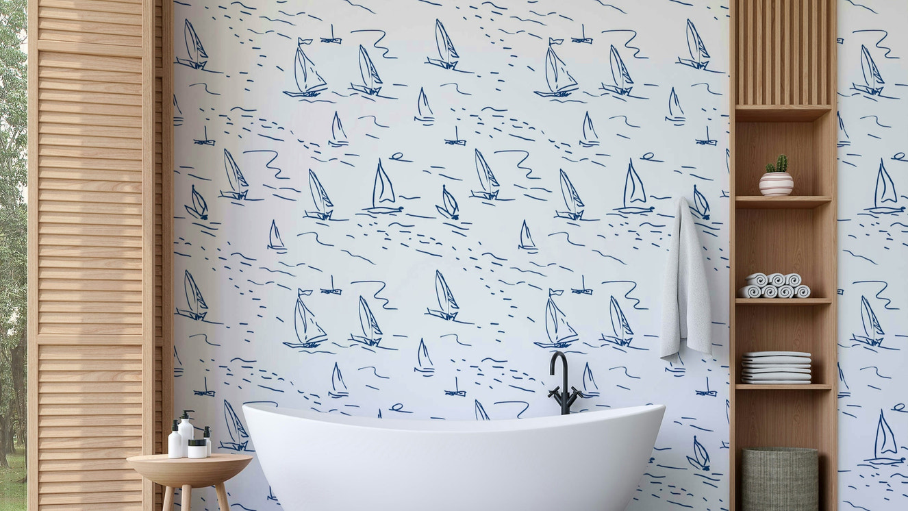 Study with a sketched sailboat wall mural

