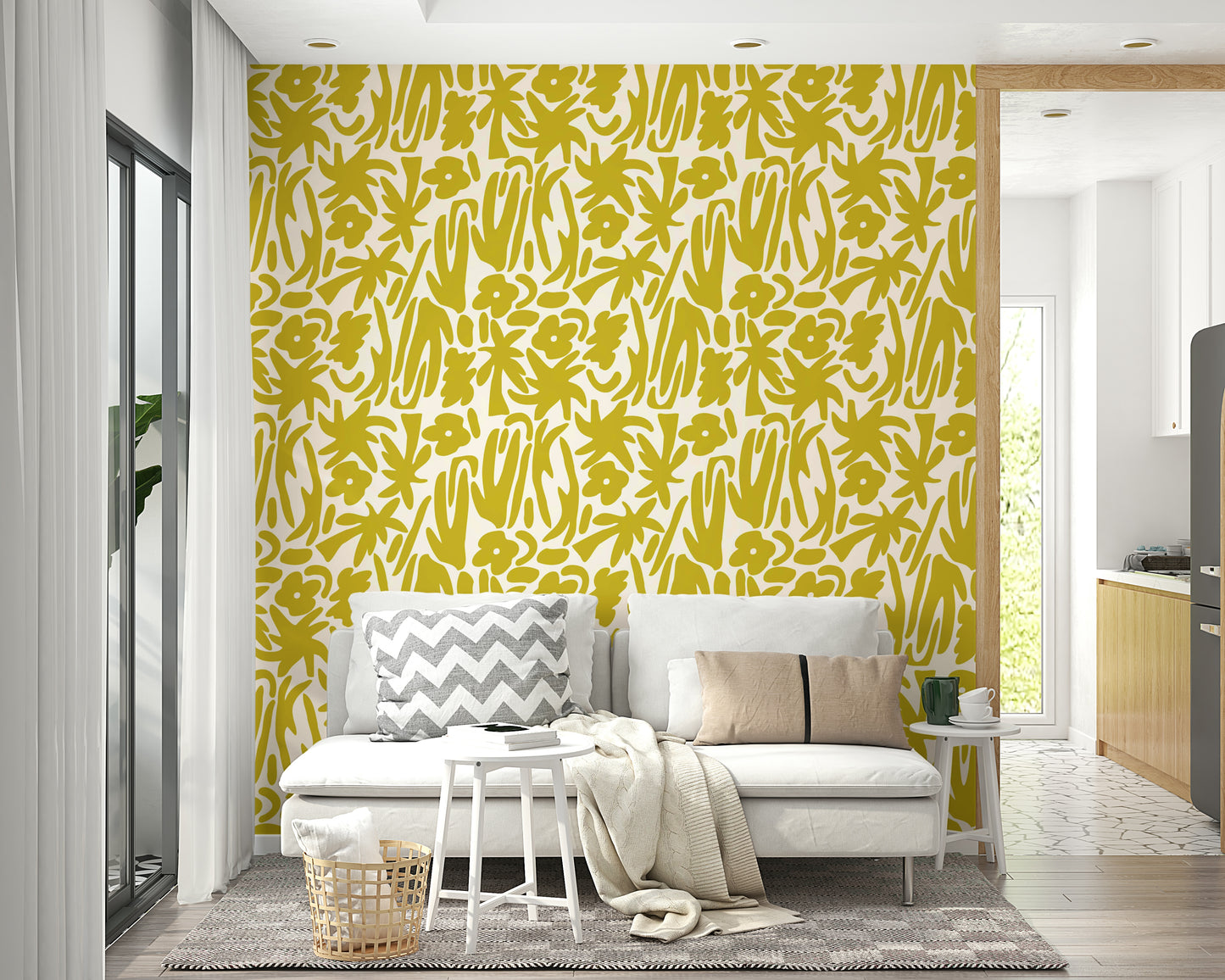 An interior with a vibrant yellow accent wall

